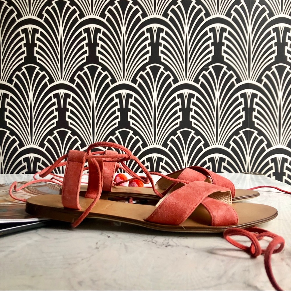 J. Crew Suede Pom-Pom Lace-Up Sandals in Coral - Picture 2 of 7